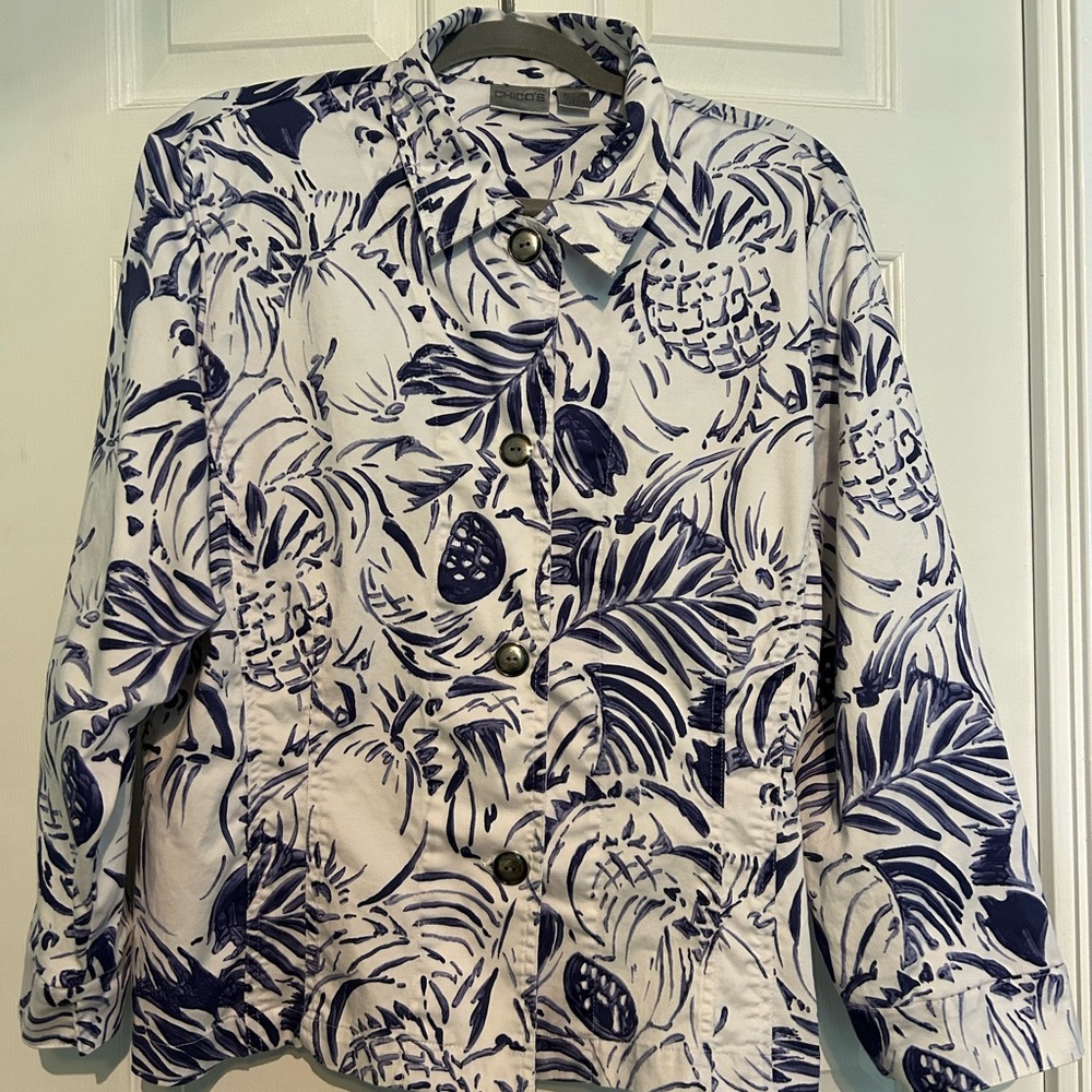 Chico's White and Blue Blazer with Floral Print